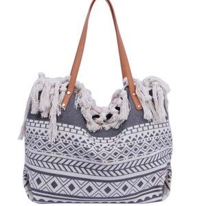 Le Miel |  Boho Aztec Print Fringe Trim Tote Bag w/Tassels